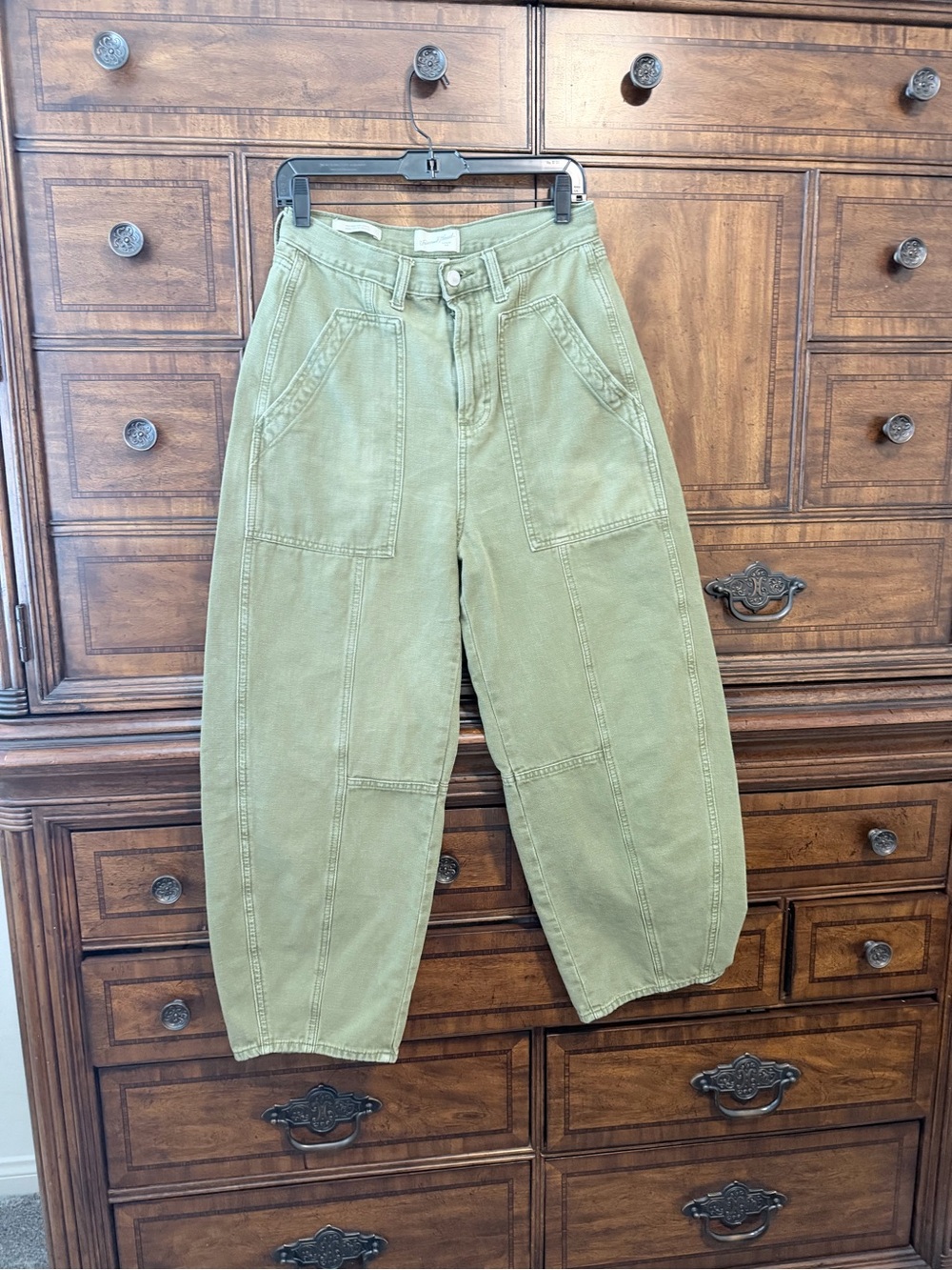 High Waist  Olive Utility Barrel Wide Leg  khaki Green Soft Cotton Trousers - Picture 15 of 16
